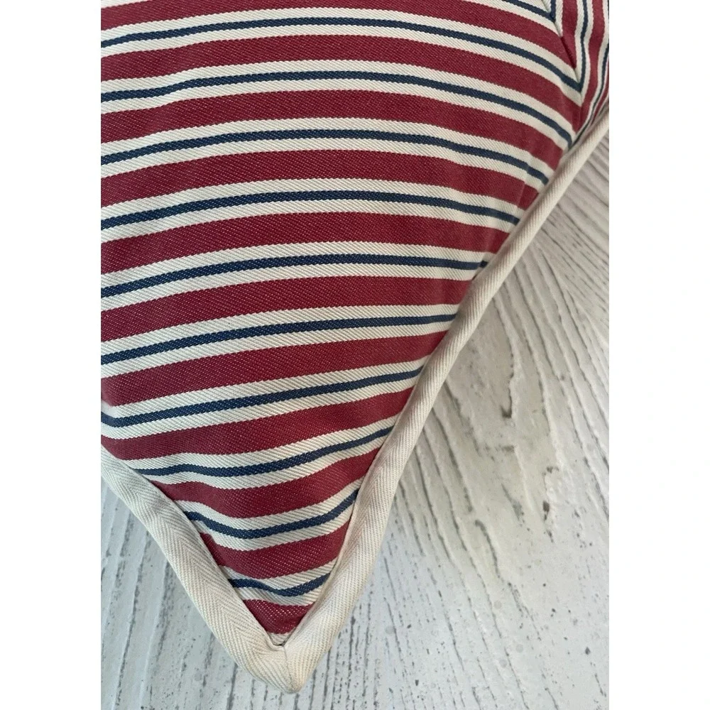 Ralph Lauren 18x18 Red Blue Ticking Stripe Pillow w/Feather Insert‎ Cote D'Azur